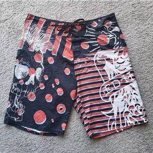 Ed Hardy Swim Trunks Men 36 Black Red Skull Los Angeles Board Shorts Surf Beach